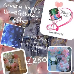 colorful party decorations with balloons and signage for an un-birthday event offering fun memorable moments for 4 and more guests