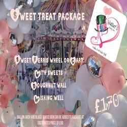 Sweet treat package offering three options with a sweet ferris wheel or cart featuring sweets doughnut wall and wishing well affordable price