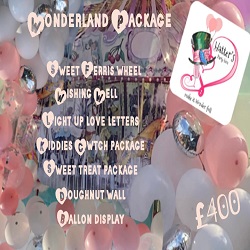 Wonderland package promotional image featuring a list of services including sweet ferris wheel wishing well light up love letters kiddies catch package sweet treat package doughnut wall and balloon display with a price of 400 and a colorful balloon arrangement showcasing festive elements ideal for events and celebrations themed around the number 7
